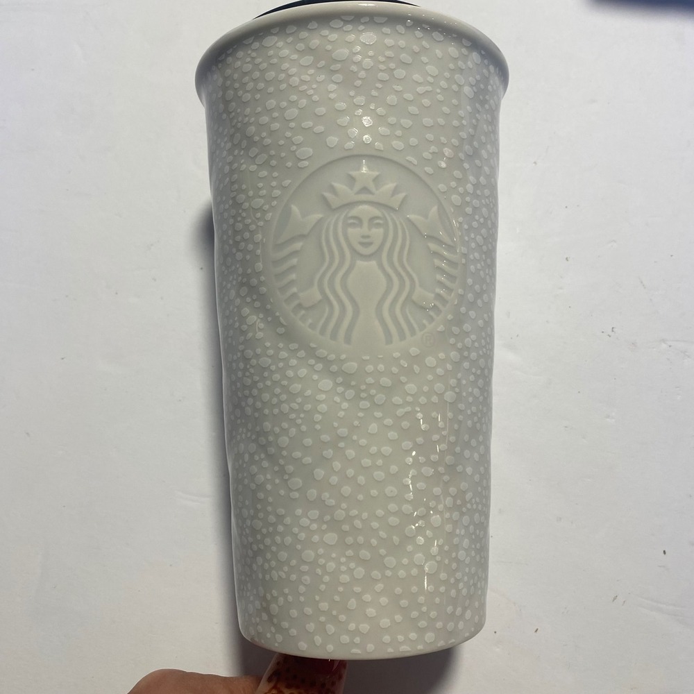 Starbucks Travel Tumbler 10oz White Good Ceramic Siren Bubble 2016 Lid Christmas
